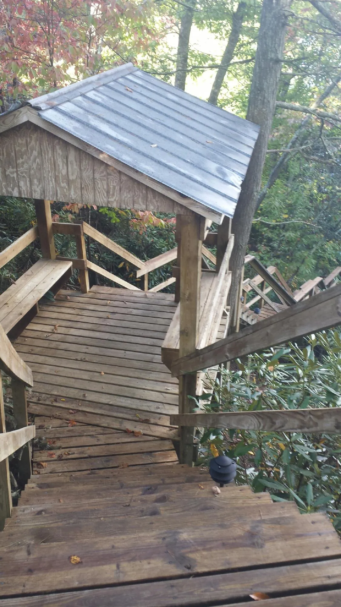 Metal roofed shelter over wooden steps on a wooded walkway — Skylight Repair & Installation work by our crew in Alcove